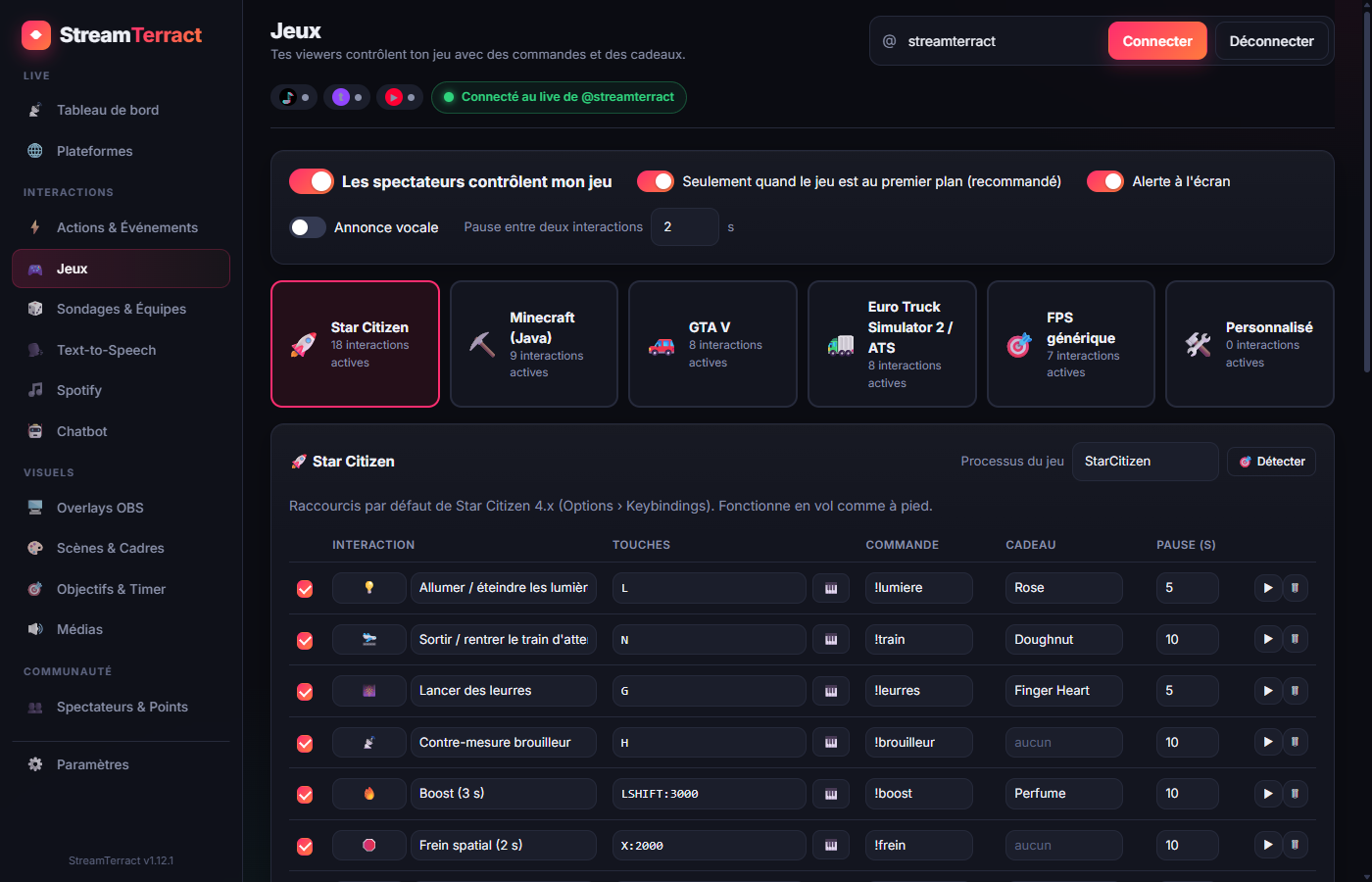 Onglet Jeux de StreamTerract
